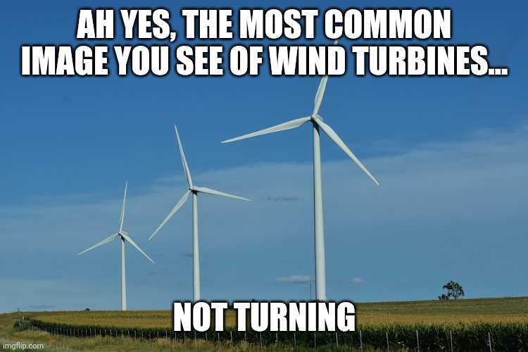 Turbines don't work on solar power do they? They gotta spin right? | AH YES, THE MOST COMMON IMAGE YOU SEE OF WIND TURBINES... NOT TURNING | image tagged in windmills,can't argue with that / technically not wrong,spin,power,green | made w/ Imgflip meme maker