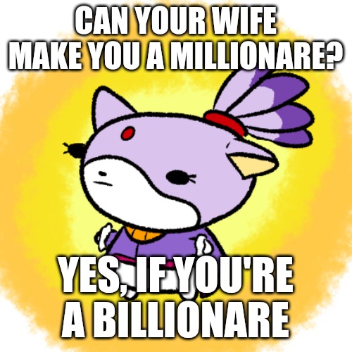 Blaze | CAN YOUR WIFE MAKE YOU A MILLIONARE? YES, IF YOU'RE A BILLIONARE | image tagged in blaze | made w/ Imgflip meme maker