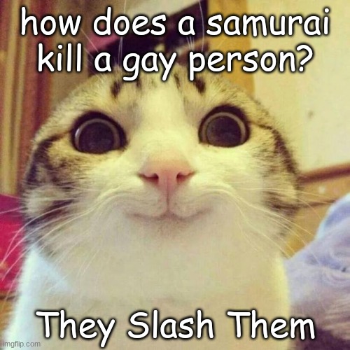 dark humor :) | how does a samurai kill a gay person? They Slash Them | image tagged in memes,smiling cat | made w/ Imgflip meme maker