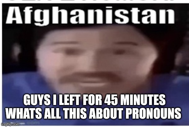 I WAS PLAYING MY WII | GUYS I LEFT FOR 45 MINUTES WHATS ALL THIS ABOUT PRONOUNS | image tagged in markiplier afghanistan | made w/ Imgflip meme maker