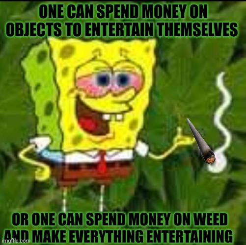 SpongeBob | ONE CAN SPEND MONEY ON OBJECTS TO ENTERTAIN THEMSELVES; OR ONE CAN SPEND MONEY ON WEED AND MAKE EVERYTHING ENTERTAINING | image tagged in smoke weed everyday | made w/ Imgflip meme maker