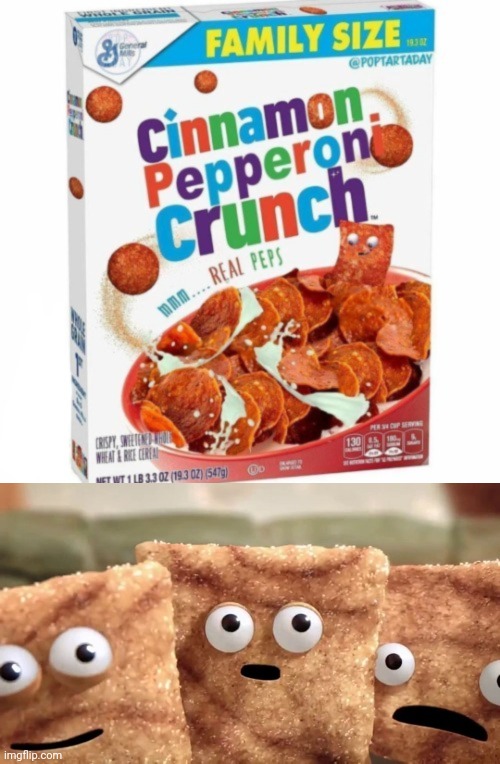 Cinnamon Pepperoni Crunch | image tagged in crazy squares,cinnamon pepperoni crunch,cursed image,pepperoni,cinnamon toast crunch,memes | made w/ Imgflip meme maker