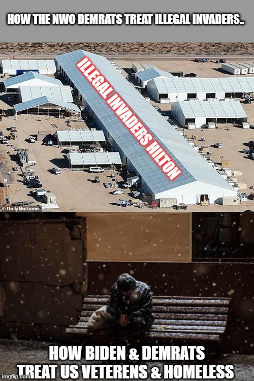 HAVE you figured it out yet, Kill Americans bring in Illegals | HOW THE NWO DEMRATS TREAT ILLEGAL INVADERS.. ILLEGAL INVADERS HILTON; HOW BIDEN & DEMRATS TREAT US VETERENS & HOMELESS | image tagged in democrat | made w/ Imgflip meme maker