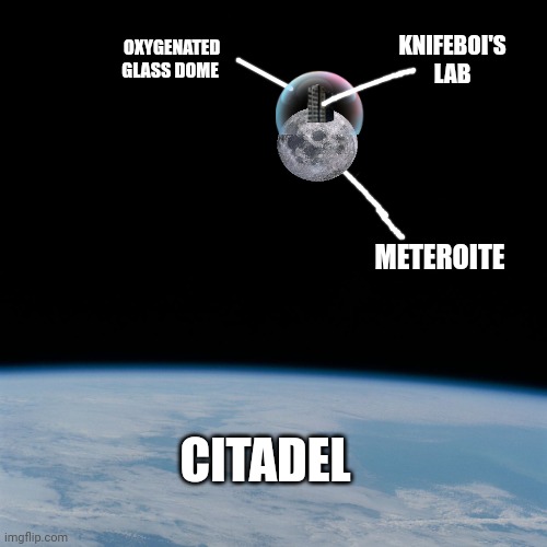 Where Knifeboi's lab is, in case anyone asked or wondered | OXYGENATED GLASS DOME; KNIFEBOI'S LAB; METEROITE; CITADEL | image tagged in astronaut | made w/ Imgflip meme maker