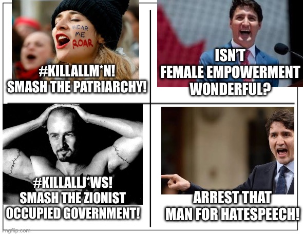 4 Square Grid | ISN’T FEMALE EMPOWERMENT WONDERFUL? #KILLALLM*N! SMASH THE PATRIARCHY! #KILLALLJ*WS! SMASH THE ZIONIST OCCUPIED GOVERNMENT! ARREST THAT MAN FOR HATESPEECH! | image tagged in 4 square grid | made w/ Imgflip meme maker