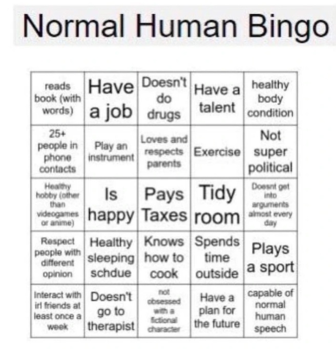 normal human bingo Blank Meme Template