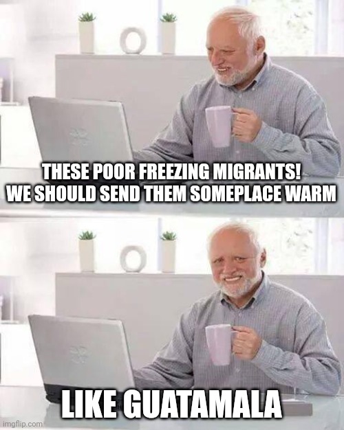 Hide the Pain Harold Meme | THESE POOR FREEZING MIGRANTS! WE SHOULD SEND THEM SOMEPLACE WARM; LIKE GUATAMALA | image tagged in memes,hide the pain harold | made w/ Imgflip meme maker