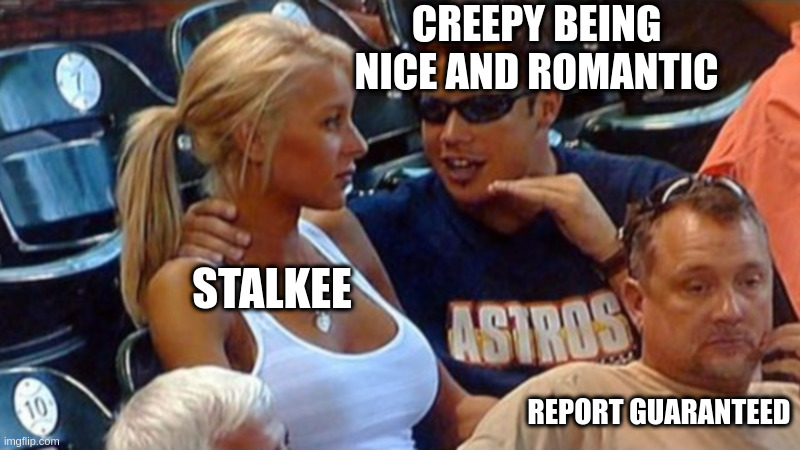 report | CREEPY BEING NICE AND ROMANTIC; STALKEE; REPORT GUARANTEED | image tagged in bro explaining | made w/ Imgflip meme maker