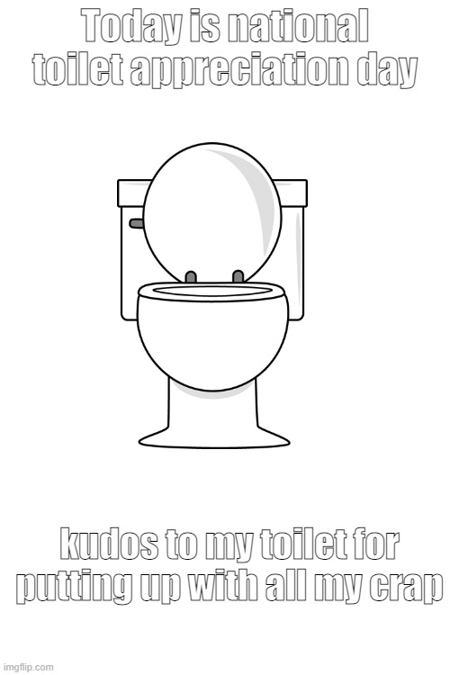 national toilet appreciation day | Today is national toilet appreciation day; kudos to my toilet for putting up with all my crap | image tagged in toilet | made w/ Imgflip meme maker