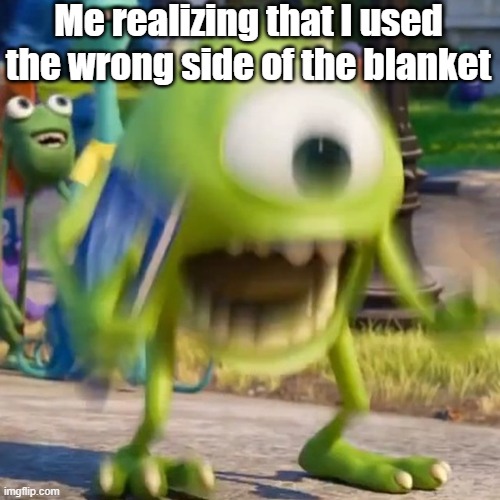 mike wazowski |  Me realizing that I used the wrong side of the blanket | image tagged in mike wazowski,so true,so true memes | made w/ Imgflip meme maker