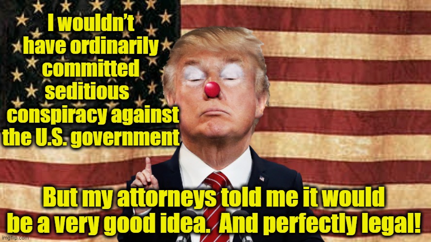 Trump:  Sedition is legal | I wouldn’t have ordinarily committed seditious  
 conspiracy against the U.S. government; But my attorneys told me it would be a very good idea.  And perfectly legal! | image tagged in donald trump the clown,donald trump approves,maga,trump,nevertrump meme,trump to gop | made w/ Imgflip meme maker