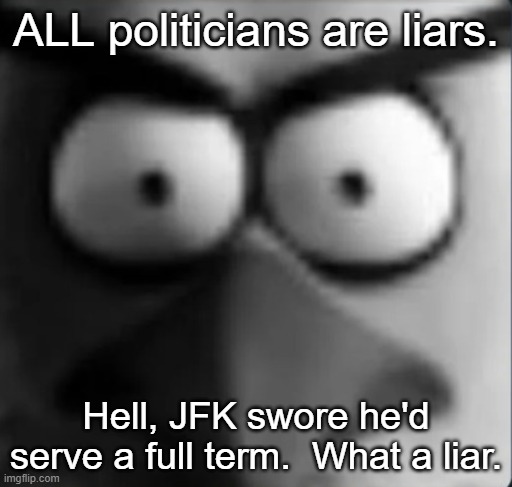 chuckpost | ALL politicians are liars. Hell, JFK swore he'd serve a full term.  What a liar. | image tagged in chuckpost | made w/ Imgflip meme maker