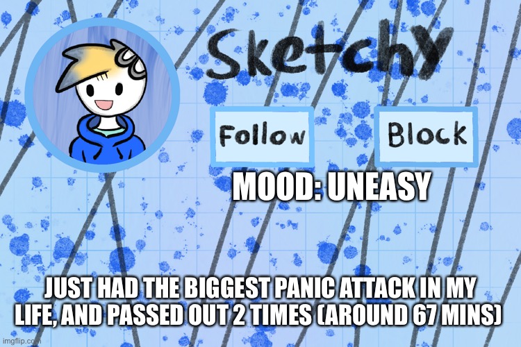 - | MOOD: UNEASY; JUST HAD THE BIGGEST PANIC ATTACK IN MY LIFE, AND PASSED OUT 2 TIMES (AROUND 67 MINS) | image tagged in announcement template of me d | made w/ Imgflip meme maker