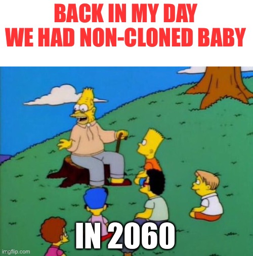In 2050 | BACK IN MY DAY WE HAD NON-CLONED BABY; IN 2060 | image tagged in back in my day | made w/ Imgflip meme maker