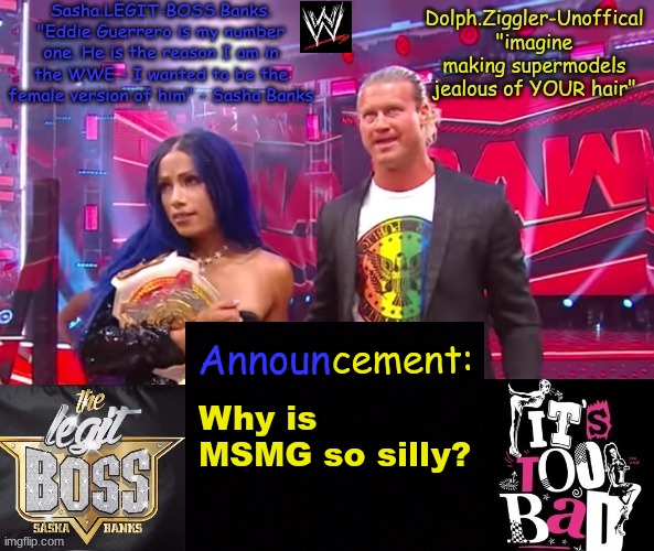 You all are so silly | Why is MSMG so silly? | image tagged in dolph ziggler sasha banks duo announcement temp | made w/ Imgflip meme maker