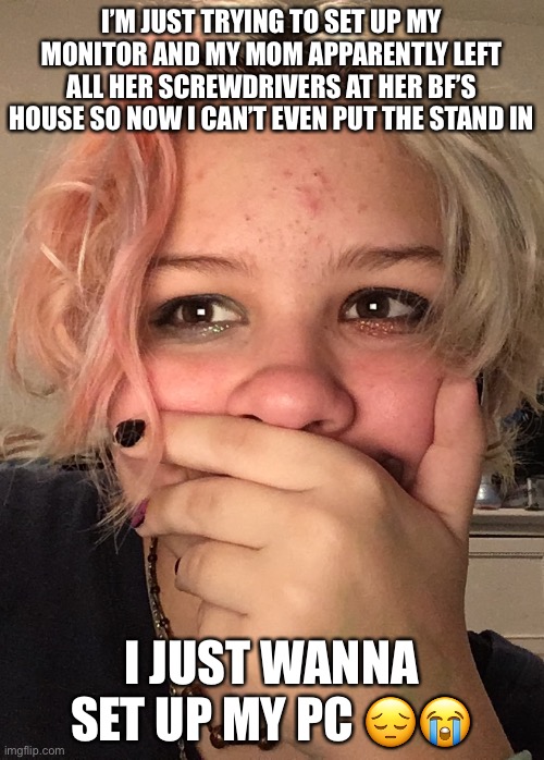 I’M JUST TRYING TO SET UP MY MONITOR AND MY MOM APPARENTLY LEFT ALL HER SCREWDRIVERS AT HER BF’S HOUSE SO NOW I CAN’T EVEN PUT THE STAND IN; I JUST WANNA SET UP MY PC 😔😭 | made w/ Imgflip meme maker