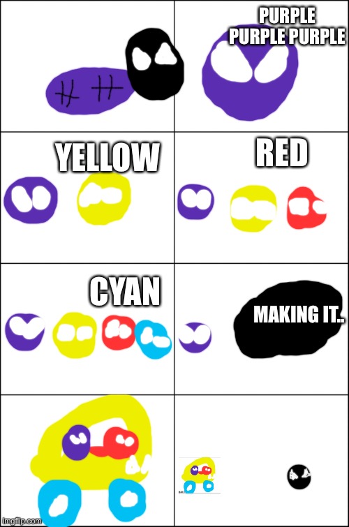 Color Lore Part 3 | PURPLE PURPLE PURPLE; RED; YELLOW; CYAN; MAKING IT.. | image tagged in eight panel rage comic maker | made w/ Imgflip meme maker