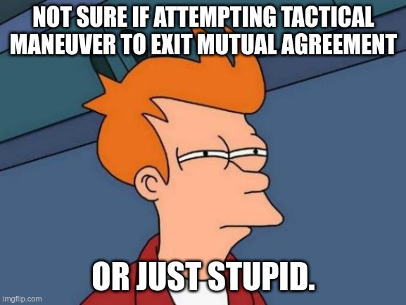 Futurama Fry Meme | NOT SURE IF ATTEMPTING TACTICAL MANEUVER TO EXIT MUTUAL AGREEMENT; OR JUST STUPID. | image tagged in memes,futurama fry | made w/ Imgflip meme maker