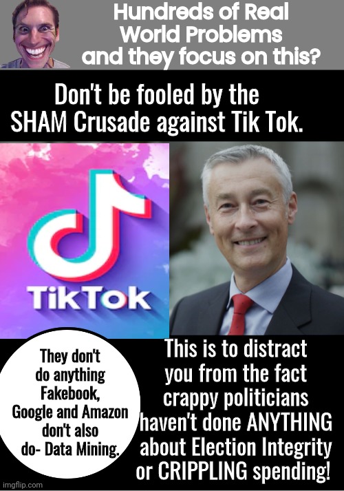 Phony Tik Tik Crusade | Hundreds of Real World Problems and they focus on this? Don't be fooled by the SHAM Crusade against Tik Tok. They don't do anything Fakebook, Google and Amazon don't also do- Data Mining. This is to distract you from the fact crappy politicians haven't done ANYTHING about Election Integrity or CRIPPLING spending! | image tagged in blank grey | made w/ Imgflip meme maker