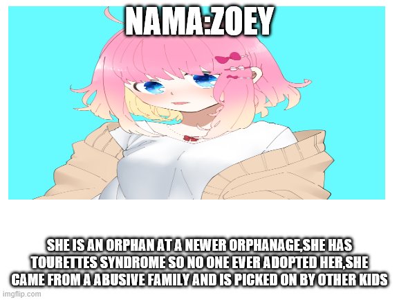 NAMA:ZOEY SHE IS AN ORPHAN AT A NEWER ORPHANAGE,SHE HAS TOURETTES SYNDROME SO NO ONE EVER ADOPTED HER,SHE CAME FROM A ABUSIVE FAMILY AND IS  | made w/ Imgflip meme maker