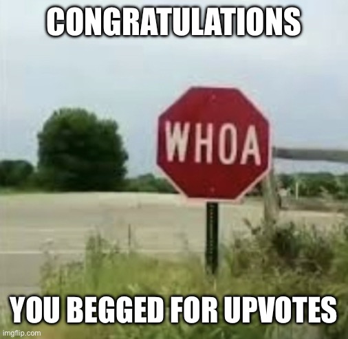 whoa | CONGRATULATIONS; YOU BEGGED FOR UPVOTES | image tagged in woah stop sign | made w/ Imgflip meme maker