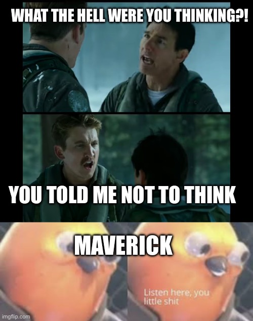 Surprised no one made this yet | WHAT THE HELL WERE YOU THINKING?! YOU TOLD ME NOT TO THINK; MAVERICK | image tagged in listen here you little shit bird,top gun | made w/ Imgflip meme maker
