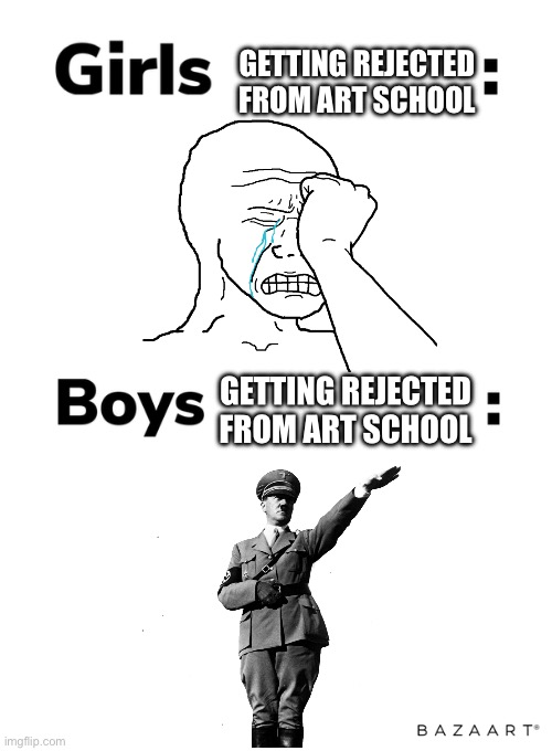 Boys vs girls | GETTING REJECTED FROM ART SCHOOL; GETTING REJECTED FROM ART SCHOOL | image tagged in boys vs girls | made w/ Imgflip meme maker