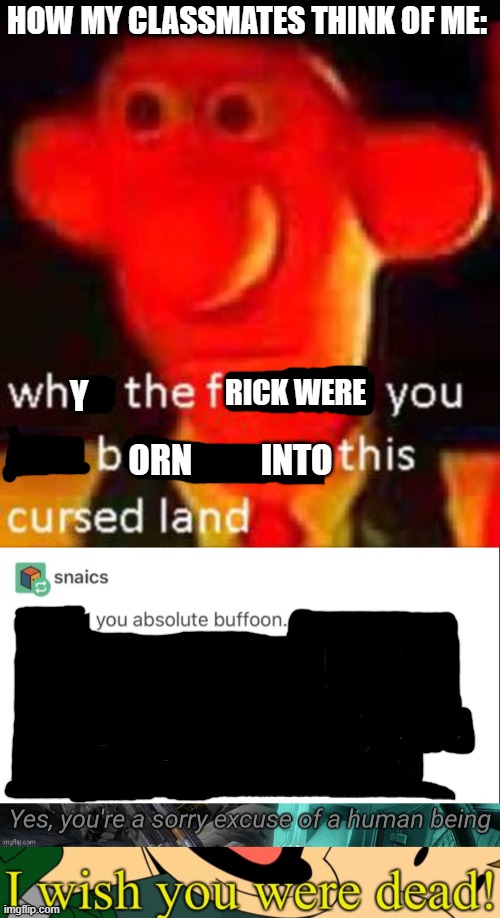 how my classmates think of m. i hate myself :( | HOW MY CLASSMATES THINK OF ME:; Y; RICK WERE; ORN          INTO | image tagged in what the f k did you just bring upon this cursed land,you fool you absolute buffoon,yes you're a sorry excuse of a human being | made w/ Imgflip meme maker