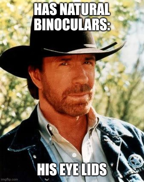 Chuck Norris Meme | HAS NATURAL BINOCULARS:; HIS EYE LIDS | image tagged in memes,chuck norris | made w/ Imgflip meme maker