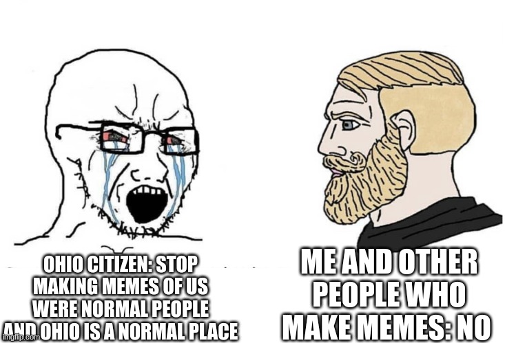 please make memes of ohio | ME AND OTHER PEOPLE WHO MAKE MEMES: NO; OHIO CITIZEN: STOP MAKING MEMES OF US WERE NORMAL PEOPLE AND OHIO IS A NORMAL PLACE | image tagged in soyboy vs yes chad | made w/ Imgflip meme maker