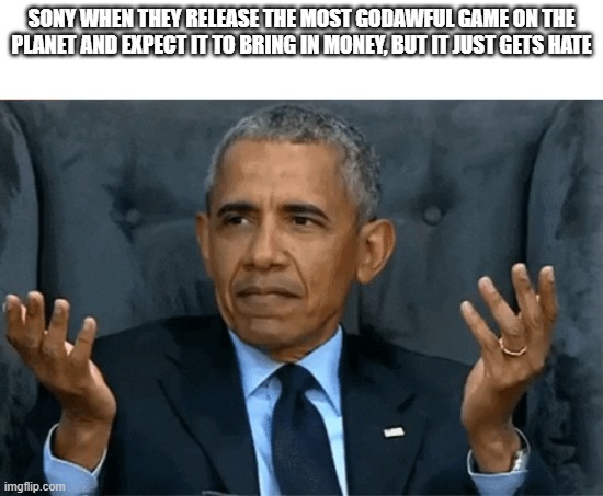 Why do they hate our game? | SONY WHEN THEY RELEASE THE MOST GODAWFUL GAME ON THE PLANET AND EXPECT IT TO BRING IN MONEY, BUT IT JUST GETS HATE | image tagged in confused obama | made w/ Imgflip meme maker