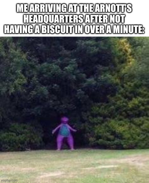 Biscuit | ME ARRIVING AT THE ARNOTT’S HEADQUARTERS AFTER NOT HAVING A BISCUIT IN OVER A MINUTE: | image tagged in biscuit | made w/ Imgflip meme maker