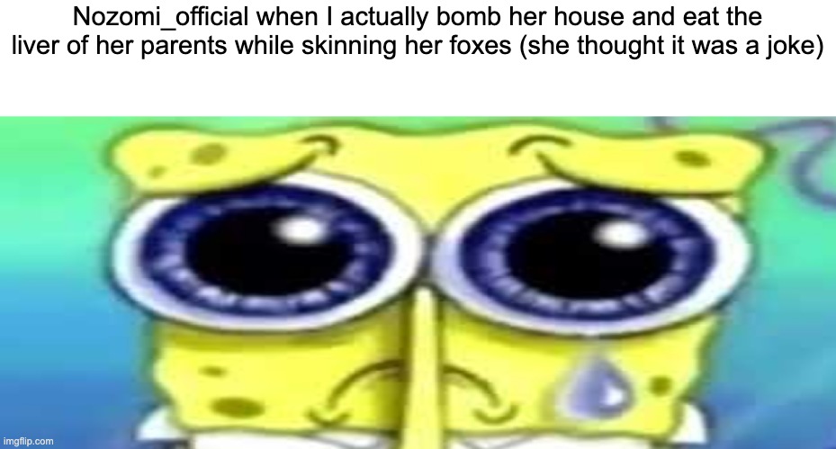 Sad Spong | Nozomi_official when I actually bomb her house and eat the liver of her parents while skinning her foxes (she thought it was a joke) | image tagged in sad spong | made w/ Imgflip meme maker