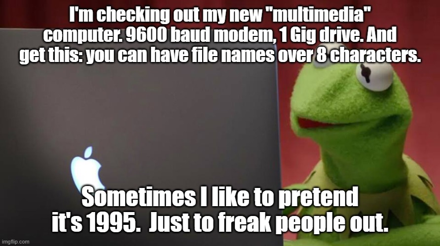 I'm checking out my new "multimedia" computer. 9600 baud modem, 1 Gig drive. And get this: you can have file names over 8 characters. Sometimes I like to pretend it's 1995.  Just to freak people out. | image tagged in kermit the frog,1990's,computer nerd | made w/ Imgflip meme maker