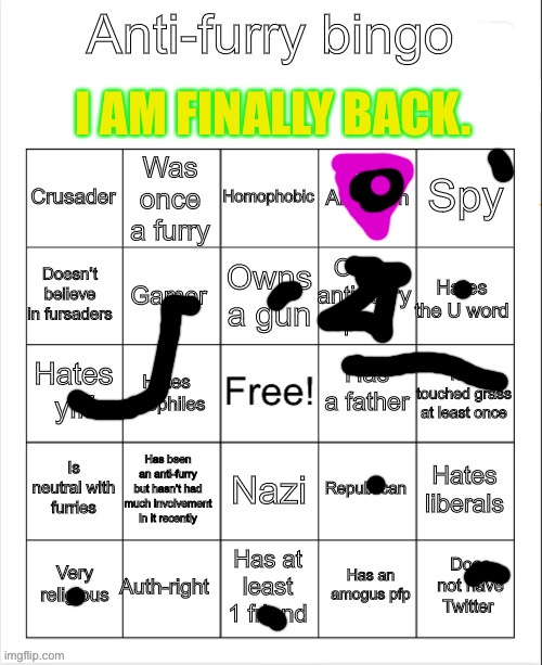 i send viruses into protogens hard drive, and fail their current task |  I AM FINALLY BACK. | image tagged in anti-furry bingo | made w/ Imgflip meme maker