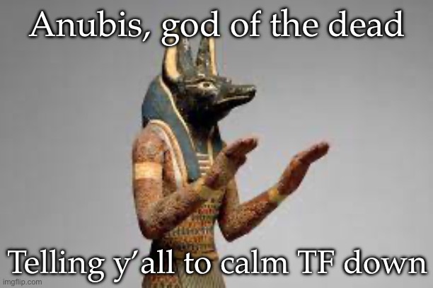 Egyptology overexcited | Anubis, god of the dead; Telling y’all to calm TF down | image tagged in anubis,god,daed | made w/ Imgflip meme maker