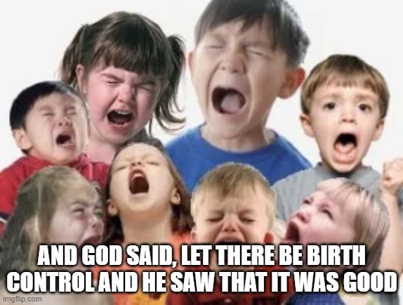 i love kids | AND GOD SAID, LET THERE BE BIRTH CONTROL AND HE SAW THAT IT WAS GOOD | image tagged in bratty kids,crying,brats,kids,funny af,birth control | made w/ Imgflip meme maker