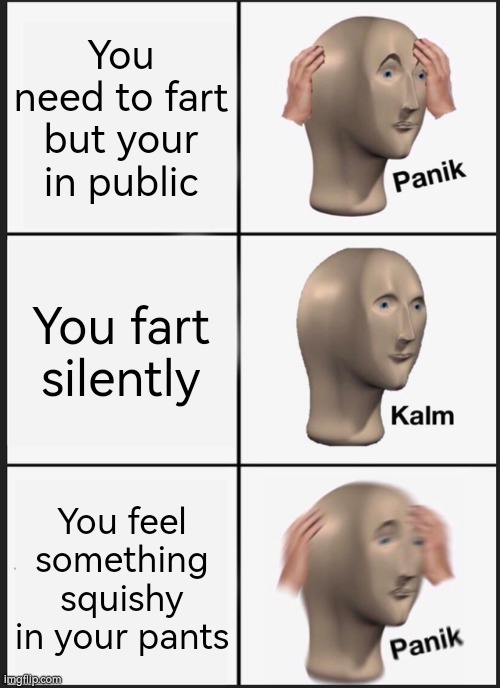 Panik Kalm Panik | You need to fart but your in public; You fart silently; You feel something squishy in your pants | image tagged in memes,panik kalm panik,public,poop,idk | made w/ Imgflip meme maker
