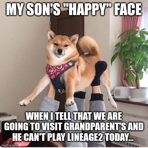 MY SON'S "HAPPY" FACE; WHEN I TELL THAT WE ARE GOING TO VISIT GRANDPARENT'S AND HE CAN'T PLAY LINEAGE2 TODAY... | made w/ Imgflip meme maker