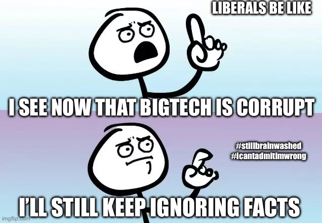 I prefer to be brainwashed | LIBERALS BE LIKE; I SEE NOW THAT BIGTECH IS CORRUPT; #stillbrainwashed
#icantadmitimwrong; I’LL STILL KEEP IGNORING FACTS | image tagged in brainwashed,bigtech,shadow banning,ignorance | made w/ Imgflip meme maker