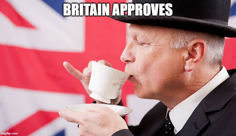 British tea | BRITAIN APPROVES | image tagged in british tea | made w/ Imgflip meme maker