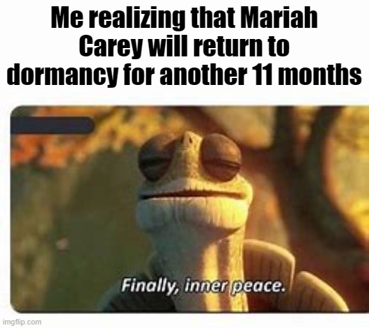 And All I Want for Chri- NO. | Me realizing that Mariah Carey will return to dormancy for another 11 months | image tagged in finally inner peace,mariah carey,master oogway,christmas | made w/ Imgflip meme maker