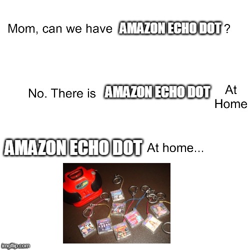 Amazon Echo Dot at home | AMAZON ECHO DOT; AMAZON ECHO DOT; AMAZON ECHO DOT | image tagged in mom can we have | made w/ Imgflip meme maker