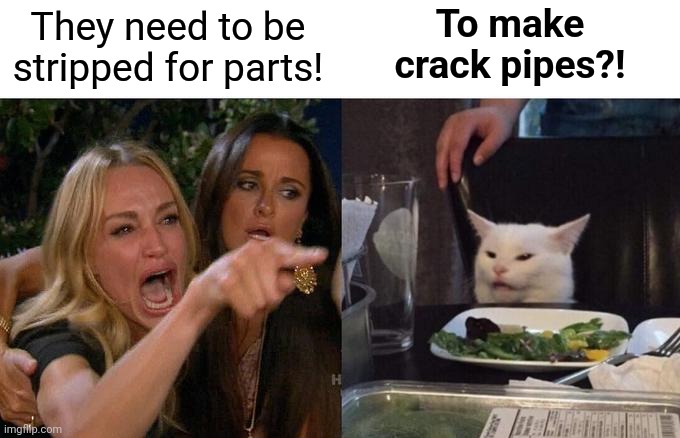 Woman Yelling At Cat Meme | They need to be stripped for parts! To make
crack pipes?! | image tagged in memes,woman yelling at cat | made w/ Imgflip meme maker