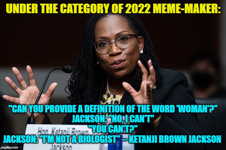 Let's say 'hey!" to possibly the stupidest Supreme Court Judge ever to be confirmed. | UNDER THE CATEGORY OF 2022 MEME-MAKER:; "CAN YOU PROVIDE A DEFINITION OF THE WORD 'WOMAN'?"
JACKSON: "NO, I CAN'T"
"YOU CAN'T?"
JACKSON: "I'M NOT A BIOLOGIST" -- KETANJI BROWN JACKSON | image tagged in truth | made w/ Imgflip meme maker