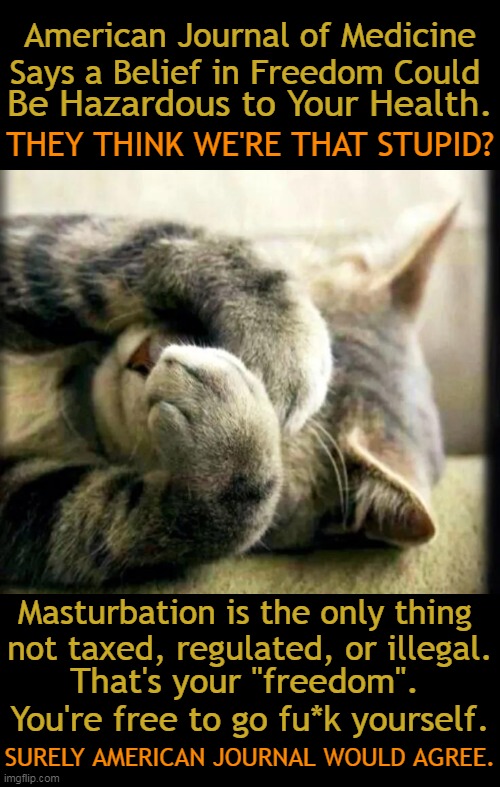 Freedom | American Journal of Medicine

Says a Belief in Freedom Could; Be Hazardous to Your Health. THEY THINK WE'RE THAT STUPID? Masturbation is the only thing 
not taxed, regulated, or illegal. That's your "freedom". 
You're free to go fu*k yourself. SURELY AMERICAN JOURNAL WOULD AGREE. | image tagged in politics,freedom,big government,followers,easy to control sheep,common core | made w/ Imgflip meme maker