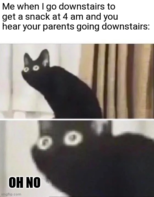 Oh no | Me when I go downstairs to get a snack at 4 am and you hear your parents going downstairs:; OH NO | image tagged in oh no black cat | made w/ Imgflip meme maker