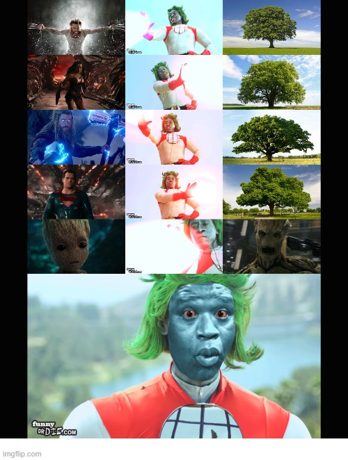 Captain Planet Turns Them Into Trees... But Groot!! | image tagged in captain planet,wolverine,wonder woman,thor,superman,groot | made w/ Imgflip meme maker