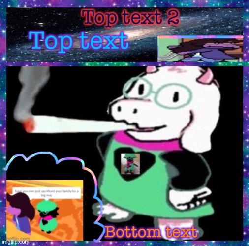 Top text 2; Top text; Bottom text | image tagged in neon-ralsei announcement template | made w/ Imgflip meme maker