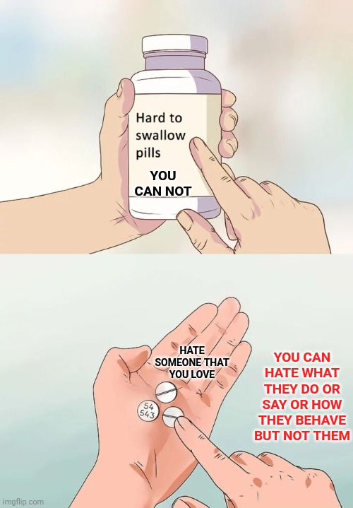 That Sucks Because They Usually Don't Care | YOU CAN NOT; HATE SOMEONE THAT YOU LOVE; YOU CAN HATE WHAT THEY DO OR SAY OR HOW THEY BEHAVE BUT NOT THEM | image tagged in memes,hard to swallow pills,love hurts,love sucks,love love,love to love love | made w/ Imgflip meme maker